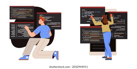 Collection of programmers at work. Man and woman develop website or application in special program on phone or computer. Creating digital product. Cartoon flat vector set isolated on white background