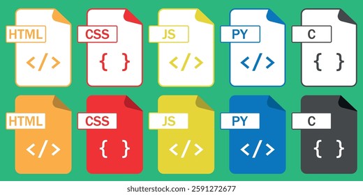 Collection of programming file format icons (HTML, CSS, JS, PY, C) in outline and color styles. Perfect for coding, web design, and development projects.