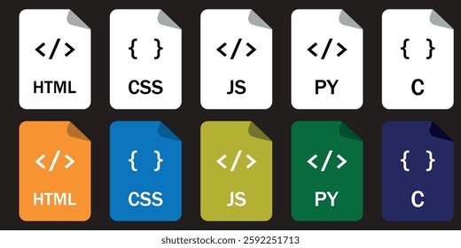 Collection of programming file format icons (HTML, CSS, JS, PY, C). Perfect for coding, web design, and development projects.