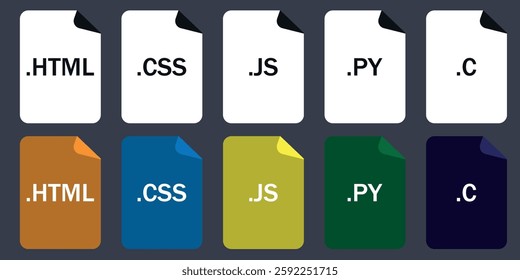 Collection of programming file format icons (HTML, CSS, JS, PY, C). Perfect for coding, web design, and development projects.