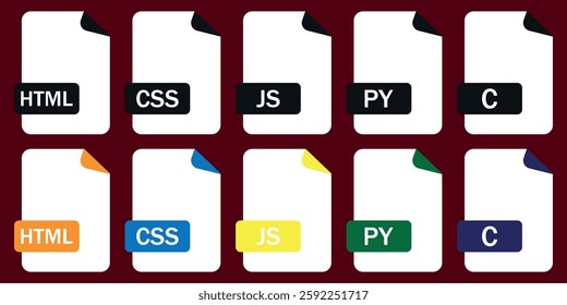 Collection of programming file format icons (HTML, CSS, JS, PY, C). Perfect for coding, web design, and development projects.