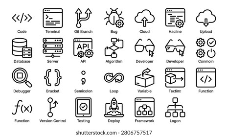 Collection of programming line icons, showing code, terminal, git branch, bug, cloud, hacline, database, server, api, algorithm, developer, conmoin, debugger, bracket, semicolon, loop, variable, texttime, function, version control, testing, deploy, framework, and logon.