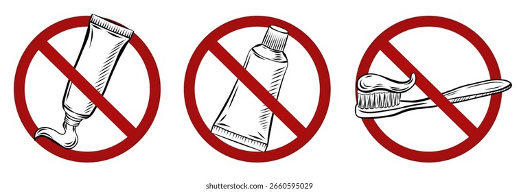 Colección de signos de prohibición con pasta de dientes y cepillo de dientes. Está prohibido cepillarse los dientes. Conjunto de insignias prohibidas para pegatinas y pines.