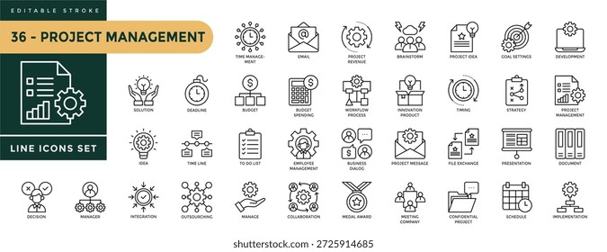 Uma coleção de ícones do Project Management definidos com um traço editável, incluindo gerenciamento de tempo, orçamento, linha de tempo, lista de tarefas pendentes, integração, debate, configurações de metas. Ilustração de vetor linear fino