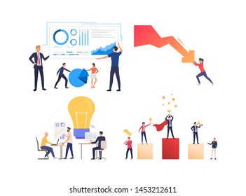 Collection of project managers working in teams. Group of financiers analyzing charts, celebrating success. Flat colorful vector illustration for presentation, leaflet, podcast