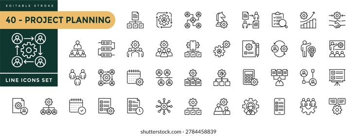A collection of Project Planning icons set with editable stroke, including  collaboration, time management concep, Planning, schedule, development. Thin linear vector illustration.