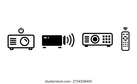 Collection of projectors and controls for multimedia, presentations, and home theater. Essential devices for visual displays.