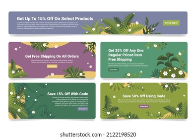 Collection promo advertising get free shipping on all orders landing page vector illustration. Set internet advertisement sale discount online business special offer transportation horizontal banner