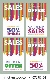 Collection of promotion sales brochures with arrows vectors pointing down. Set of special offer cards in vivid colors with text.