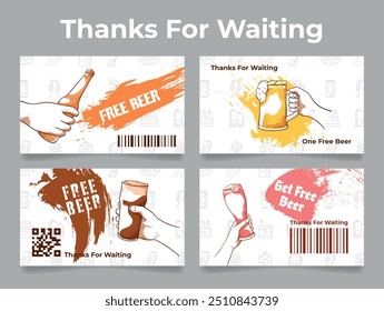 A collection of promotional cards showcases offers for free beer, displaying vibrant graphics, hand gestures, and catchy phrases. Each card features unique designs.