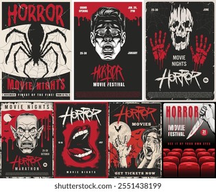 A collection of promotional materials for a horror movie festival includes various designs featuring iconic horror elements like spiders skulls and creepy characters.