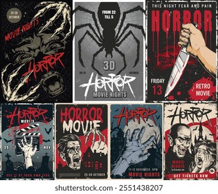 A collection of promotional posters showcasing upcoming horror movie nights featuring various themes and classic titles