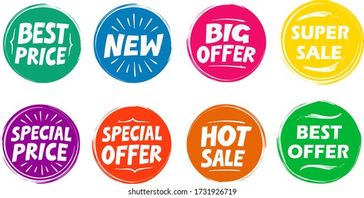 Collection of promotional symbols such as Special offer, Hot sale, Best price, New. Icons vector illustration