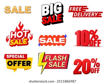 A collection of promotional tags and badges with phrases like Sale," "Big Offer," "Special Offer" 10% off,20%off,free delivery, designed for sales and marketing purposes.