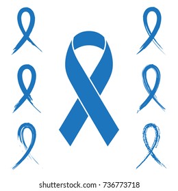 Collection of prostate cancer awareness ribbon collection with chalk and ink brush design isolated on white background. Blue ribbon illustration for support, prevention and charity campaigns.