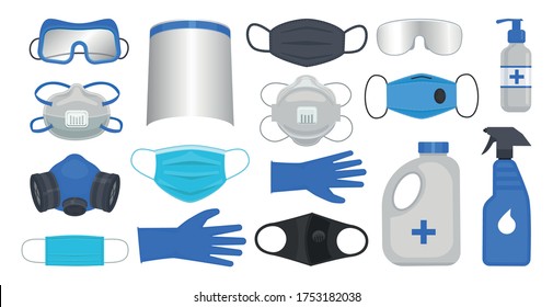 Collection Of Protection Against Virus, Infection, Dirt And Dust. Safety Glasses, Face Shield, Surgical And Reusable Masks With N95 Filter, Respirator, Latex Gloves, Antiseptic And Disinfectant.