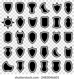 Collection protection emblem. Set of black heraldic shield icon. Vector illustration. Transparent background.