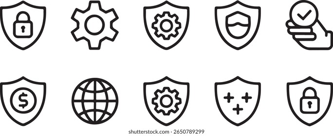 Collection of Protection and Security Icons Depicting Gear Shields Padlocks Hand with Checkmark Globe and Dollar Symbol for Cyber Concepts