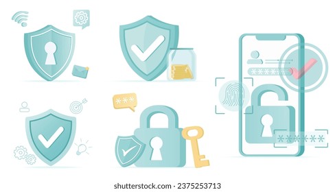 Collection of protection and shield concept scenes. Account protection, strong password, encryption key, internet banking, network security, sensitive data. Set flat vector illustration.