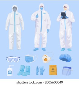 Collection protective equipment for medical staff vector flat illustration. Set scrub clinic staff in personal uniform or protection suit isolated. Coronavirus prevention, virus safety jumpsuit wear