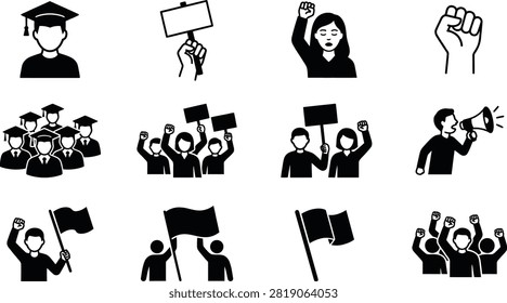 Collection of protest and activism icons featuring people holding picket signs clenched fists raised megaphone speakers banners and flags as symbols of social justice movements and public rallies for equality rights and collective democratic action.