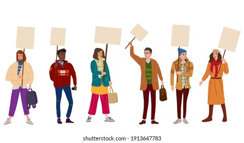Collection of Protesters crowd man and woman holding empty banners. Activists protesting, political meeting, strike human rights. Vector illustration isolated