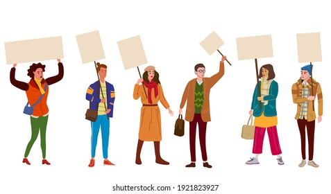 Collection of Protesters crowd man and woman holding empty banners. Activists protesting, political meeting, strike human rights. Vector illustration isolated