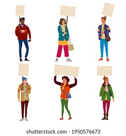 Collection of Protesters crowd man and woman holding empty banners. Activists protesting, political meeting, strike human rights. Vector illustration isolated