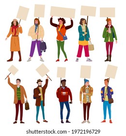 Collection of Protesters crowd man and woman holding empty banners. Activists protesting, political meeting, strike human rights. Vector illustration isolated