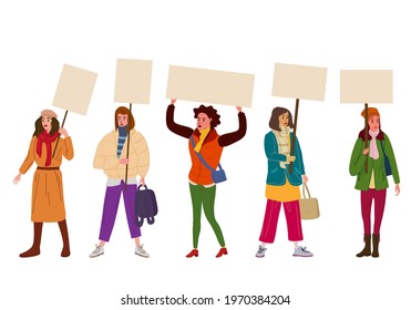 Collection of Protesters crowd woman holding empty banners. Activists protesting, political meeting, strike human rights. Vector illustration isolated