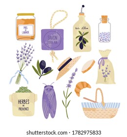 Collection of provence souvenirs. Ceramic bottle for olive oil, lavender, picnic basket, boater, ceramic cicada, honey, lavender products, calisson. Isolated vector illustration on white background.