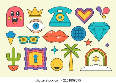 Collection psychedelic bright rainbow pop art style graphic elements design vector cartoon illustration. Set contoured summer hippie eye, phone, crown, ice cream, sunglasses, cactus t shirt print