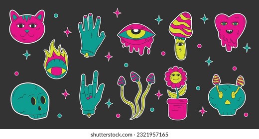 Collection of Psychedelic Cartoon Vector Stickers