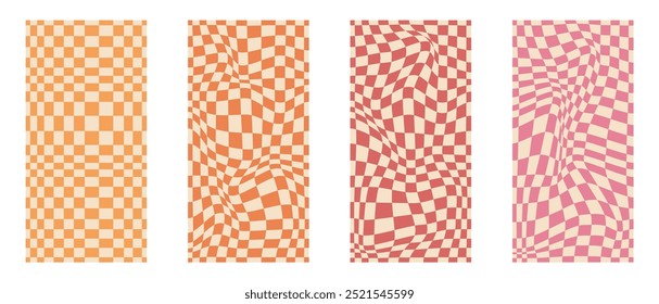 Collection of psychedelic checkerboard patterns. Visually striking design featuring in groovy colors and trippy geometric shapes. Optical illusions, retro style mesmerizing visual vector illustration