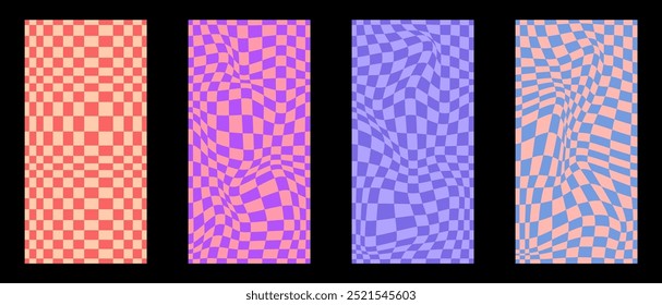 Collection of psychedelic checkerboard patterns. Visually striking design featuring in groovy colors and trippy geometric shapes. Optical illusions, retro style mesmerizing visual vector illustration