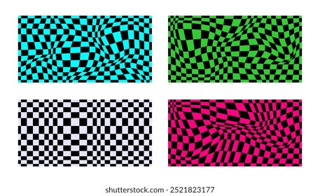 Colección de patrones de tablero de ajedrez psicodélico. Diseño visualmente llamativo con colores y2k y Formas geométricas trippy. Ilusiones ópticas, estilo funky hipnotizante Ilustración vectorial visual