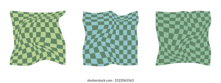 Collection of psychedelic checkerboard patterns. Visually striking design featuring in groovy colors and trippy geometric shapes. Optical illusions, retro style mesmerizing visual vector illustration