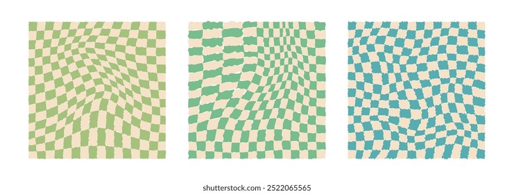 Collection of psychedelic checkerboard patterns. Visually striking design featuring in groovy colors and trippy geometric shapes. Optical illusions, retro style mesmerizing visual vector illustration