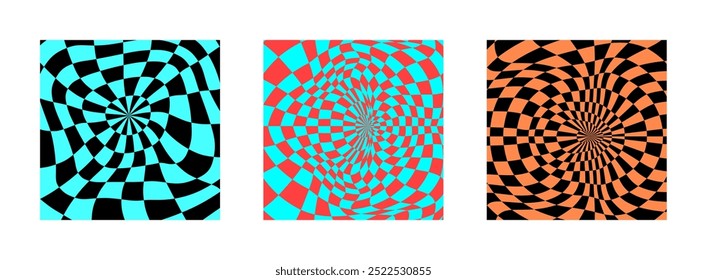 Colección de patrones de tablero de ajedrez psicodélico. Diseño visualmente llamativo con colores y2k y Formas geométricas trippy. Ilusiones ópticas, estilo funky hipnotizante Ilustración vectorial visual