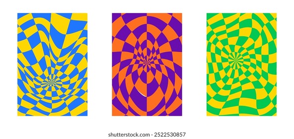 Colección de patrones de tablero de ajedrez psicodélico. Diseño visualmente llamativo con colores y2k y Formas geométricas trippy. Ilusiones ópticas, estilo funky hipnotizante Ilustración vectorial visual