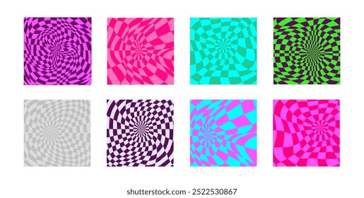 Colección de patrones de tablero de ajedrez psicodélico. Diseño visualmente llamativo con colores y2k y Formas geométricas trippy. Ilusiones ópticas, estilo funky hipnotizante Ilustración vectorial visual