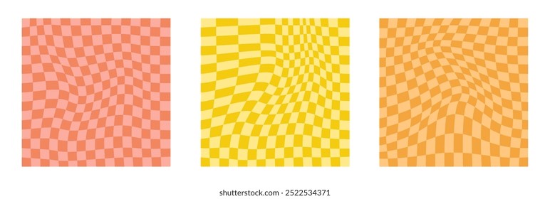 Collection of psychedelic checkerboard patterns. Visually striking design featuring in groovy colors and trippy geometric shapes. Optical illusions, retro style mesmerizing visual vector illustration