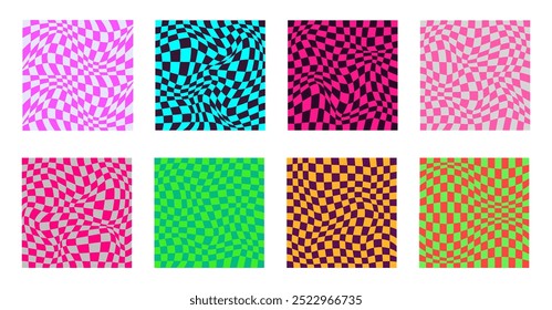 Colección de patrones de tablero de ajedrez psicodélico. Diseño visualmente llamativo con colores y2k y Formas geométricas trippy. Ilusiones ópticas, estilo funky hipnotizante Ilustración vectorial visual