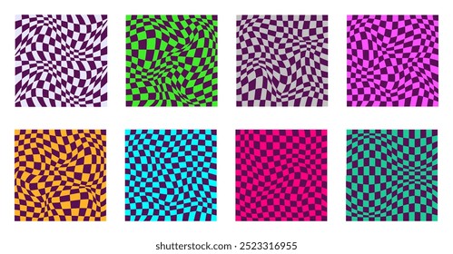 Colección de patrones de tablero de ajedrez psicodélico. Diseño visualmente llamativo con colores y2k y Formas geométricas trippy. Ilusiones ópticas, estilo funky hipnotizante Ilustración vectorial visual