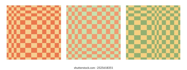 Collection of psychedelic checkerboard patterns. Visually striking design featuring in groovy colors and trippy geometric shapes. Optical illusions, retro style mesmerizing visual vector illustration