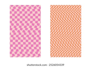 Collection of psychedelic checkerboard patterns. Visually striking design featuring in groovy colors and trippy geometric shapes. Optical illusions, retro style mesmerizing visual vector illustration