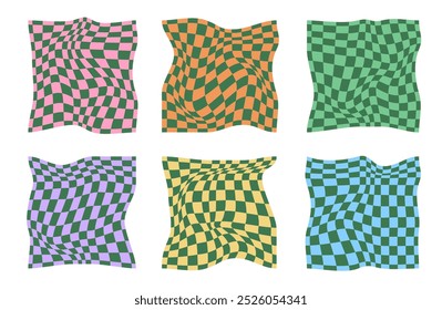 Collection of psychedelic checkerboard patterns. Visually striking design featuring in groovy colors and trippy geometric shapes. Optical illusions, retro style mesmerizing visual vector illustration