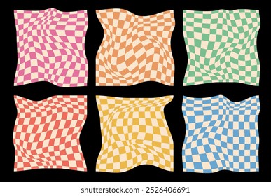 Collection of psychedelic checkerboard patterns. Visually striking design featuring in groovy colors and trippy geometric shapes. Optical illusions, retro style mesmerizing visual vector illustration