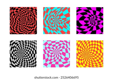 Collection of psychedelic checkerboard patterns. Visually striking design featuring in y2k colors and trippy geometric shapes. Optical illusions, funky style mesmerizing visual vector illustration