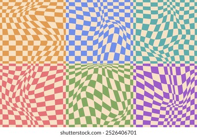 Collection of psychedelic checkerboard patterns. Visually striking design featuring in groovy colors and trippy geometric shapes. Optical illusions, retro style mesmerizing visual vector illustration